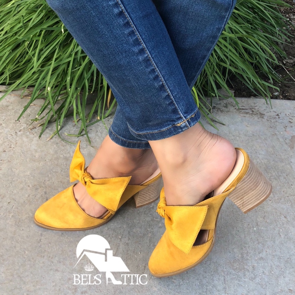 Mustard Stacked Leather Block Heel Bow Mule